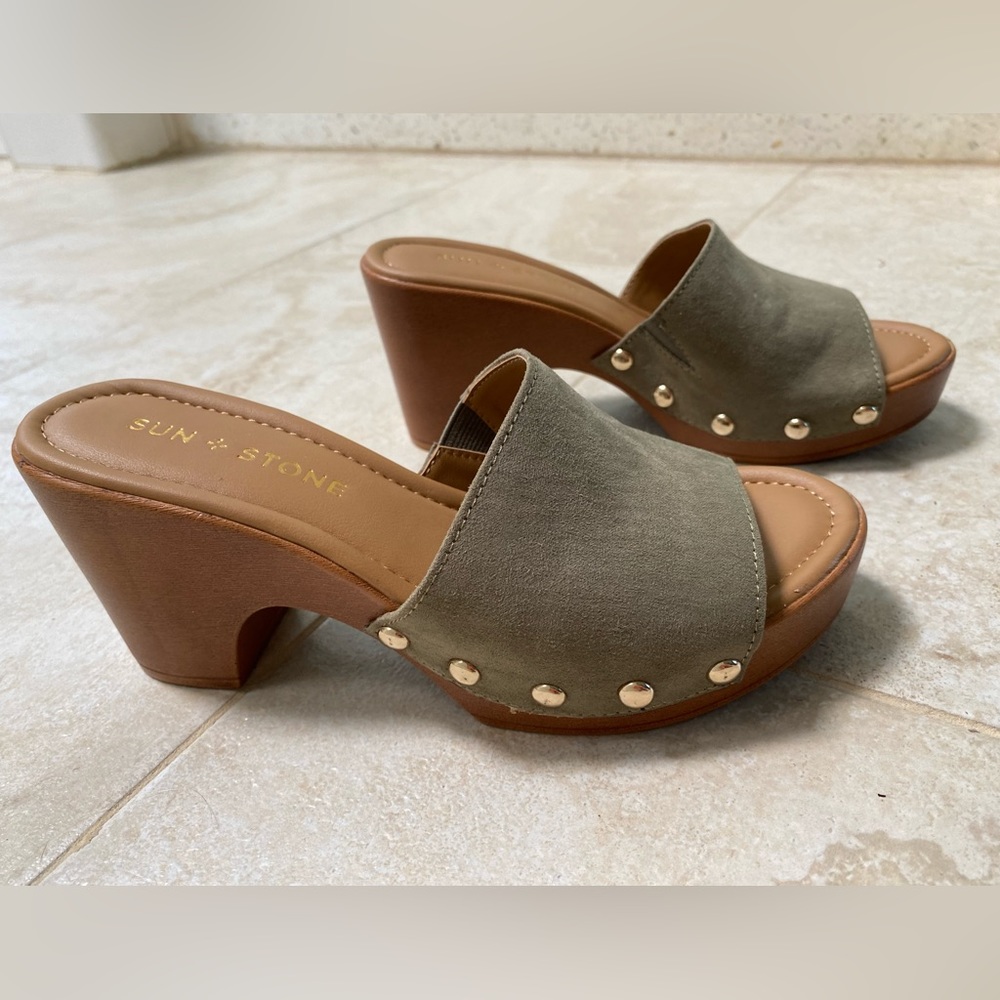 Olive green slip on platform sandals